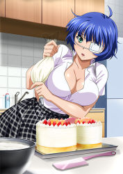 Rule 34 | 00s, 1girl, artist request, blue hair, breasts, cake, cleavage, collarbone, cooking, eyebrows, eyepatch, food, green eyes, ikkitousen, indoors, kitchen, knife, large breasts, mole, mole under mouth, open mouth, ryomou shimei, shirt, short hair, solo, white shirt