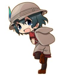 Rule 34 | 10s, 1girl, b3, backpack, bag, black hair, blue eyes, blush, bucket hat, chibi, d:, eyelashes, feathers, from behind, full body, hair between eyes, hat, hat feather, kaban (kemono friends), kemono friends, leg up, loafers, looking at viewer, looking back, open mouth, outline, pantyhose, red shirt, running, safari hat, shirt, shoe soles, shoes, short hair, short sleeves, simple background, solo, tareme, tearing up, tears, wavy mouth, white background