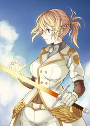 Rule 34 | 1girl, blonde hair, blue eyes, blue sky, bodystocking, braid, breasts, character request, cloud kingdom, covered navel, day, french braid, gloves, glowing, glowing sword, glowing weapon, large breasts, lips, making-of available, pas (paxiti), short ponytail, sky, solo, sword, uniform, weapon, white gloves
