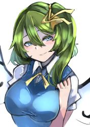 Rule 34 | 1girl, :d, blue eyes, blue vest, blush, bow, breasts, colored eyelashes, daiyousei, fairy wings, green hair, hair bow, hand on own chest, highres, large breasts, looking at viewer, one-hour drawing challenge, open mouth, shirt, short sleeves, simple background, smile, solo, takena-c, touhou, upper body, vest, white background, white shirt, wings, yellow bow, yellow neckwear