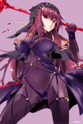 Rule 34 | 1girl, armor, artist name, between breasts, bodysuit, breasts, capelet, circlet, closed mouth, covered navel, cowboy shot, dual wielding, eyebrows, fate/grand order, fate (series), from below, frown, gae bolg (fate), gloves, gluteal fold, hair ornament, highres, holding, holding weapon, large breasts, legs apart, long hair, looking at viewer, panties, pauldrons, polearm, purple background, purple bodysuit, purple hair, red eyes, scathach (fate), shade, shoulder armor, simple background, solo, spear, string, thighhighs, underwear, veil, very long hair, weapon, yamaguchi shinnosuke