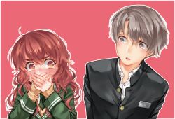 Rule 34 | 1boy, 1girl, blazer, blush, cardigan, covering own mouth, embarrassed, enomoto yuiko, grey eyes, grey hair, jacket, long hair, looking at another, love lab (manga), miyahara ruri, necktie, nose blush, outline, red background, red eyes, red hair, school uniform, short hair, simple background, sleeves past wrists, sweatdrop, tears, toda haruka, unbuttoned, upper body, wavy hair