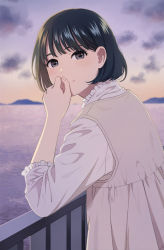 Rule 34 | 1girl, black hair, blurry, blurry background, blush, brown dress, closed mouth, depth of field, dress, eyebrows hidden by hair, frilled shirt, frilled sleeves, frills, from side, grey eyes, hand to own mouth, hand up, long sleeves, looking at viewer, looking to the side, mattaku mousuke, original, outdoors, pleated dress, railing, shirt, sleeveless, sleeveless dress, smile, solo, sunset, thick eyebrows, twitter username, water, white shirt