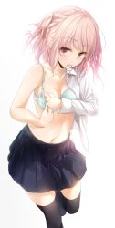 Rule 34 | 1girl, adjusting bra, adjusting clothes, aqua bra, black thighhighs, bra, braid, breasts, md5 mismatch, mouth hold, navel, open clothes, open shirt, original, pink eyes, pink hair, resolution mismatch, shirt, short hair, simple background, skirt, smile, solo, source larger, thighhighs, underwear, white background, wingheart
