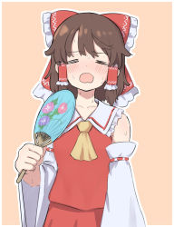 Rule 34 | 1girl, ascot, blush, bow, brown hair, detached sleeves, forneus 0, frilled bow, frills, hair bow, hair tubes, hakurei reimu, hand fan, highres, holding, holding fan, hot, japanese clothes, miko, nontraditional miko, open mouth, orange background, paper fan, red bow, ribbon-trimmed sleeves, ribbon trim, solo, sweat, touhou, uchiwa, wide sleeves