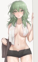 Rule 34 | 1girl, artist name, black shorts, breasts, byleth (female) (fire emblem), byleth (fire emblem), commentary request, cowboy shot, fire emblem, fire emblem: three houses, green eyes, green hair, grey background, hair between eyes, hand up, long hair, looking at viewer, medium breasts, micro shorts, navel, nintendo, parted lips, shimizu akina, shorts, solo, standing, stomach, towel, towel around neck, twitter username, wet