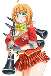 Rule 34 | 10s, 1girl, ahoge, blush, bow, bowtie, breasts, checkered clothes, checkered skirt, clarinet, cleavage, curvy, female focus, green eyes, instrument, komukai nataco, kosuzu (senran kagura), large breasts, looking at viewer, orange hair, red skirt, school uniform, senran kagura, senran kagura new wave, short hair, simple background, skirt, smile, solo, standing, thick thighs, thighs, white background, wide hips