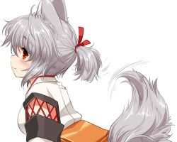Rule 34 | 1girl, alternate hairstyle, animal ears, blush, breasts, detached sleeves, from side, hair ribbon, inubashiri momiji, japanese clothes, kei kei, looking at viewer, looking to the side, medium breasts, profile, red eyes, red ribbon, ribbon, short hair, short ponytail, silver hair, smile, solo, tail, tail wagging, touhou, upper body, wolf ears, wolf tail