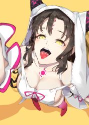 Rule 34 | 10s, 1girl, :d, arms up, bare shoulders, black hair, boots, breasts, cleavage, collarbone, commentary request, eyelashes, facial mark, fate/extra, fate/extra ccc, fate (series), forehead mark, from above, full body, highres, horns, large breasts, long hair, looking at viewer, looking up, md5 mismatch, medium breasts, open mouth, oshin0 (zheng), outstretched arm, pink footwear, red thighhighs, resolution mismatch, sessyoin kiara, simple background, smile, solo, source larger, standing, strap slip, tattoo, teeth, thigh boots, thighhighs, tongue, tongue out, wavy hair, yellow background, yellow eyes