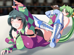 Rule 34 | 2girls, argyle, argyle clothes, argyle legwear, ass, boots, breasts, clenched teeth, covered erect nipples, elbow gloves, fingerless gloves, gloves, green hair, himuro shizuku, laces, leg hold, long hair, multiple girls, noppo-san, outstretched arm, ponytail, red eyes, sakurai chisato, saliva, submission hold, sweat, teeth, thigh boots, thighhighs, thighs, wince, wrestle angels, wrestle angels survivor, wrestle angels survivor 2, wrestling, wrestling outfit, wrestling ring, yellow eyes