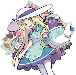 Rule 34 | 1girl, :d, absurdres, blonde hair, blush stickers, commentary request, creatures (company), cup, dress, eyelashes, food, game freak, gen 8 pokemon, green dress, green eyes, hat, highres, lillie (pokemon), lillie (special costume) (pokemon), long hair, nintendo, official alternate costume, open mouth, pantyhose, pokemon, pokemon (creature), pokemon masters ex, polteageist, saucer, short sleeves, smile, sutokame, teacup, tongue, white headwear, white pantyhose