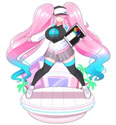 Rule 34 | 1girl, :&lt;, absurdly long hair, black hat, black shirt, black thighhighs, blue eyes, blue hair, bow, breasts, closed mouth, full body, grey skirt, hair bow, hair over one eye, hat, highres, holding, holding tablet pc, jacket, large breasts, long hair, looking at viewer, multicolored eyes, multicolored hair, original, pink eyes, pink hair, pleated skirt, shirt, shoes, skirt, sneakers, solo, standing, swept bangs, tablet pc, theycallhimcake, thighhighs, twintails, two-tone hair, very long hair, wavy hair, white bow, white footwear, white jacket