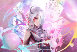 Rule 34 | 1girl, absurdres, animification, apex legends, blood moon catalyst, catalyst (apex legends), chinese commentary, clothing cutout, colored inner hair, commentary request, copyright name, facepaint, flat chest, flower, grey hair, highres, holding, holding flower, jacket, leaning back, looking at viewer, multicolored hair, official alternate costume, one eye covered, parted lips, pink flower, purple hair, red hair, short hair, shoulder cutout, smile, smll233, solo, white jacket