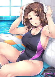 Rule 34 | 1girl, armpits, bare shoulders, black one-piece swimsuit, blush, breasts, brown hair, cleavage, collarbone, competition swimsuit, day, drying, drying hair, eyelashes, goggles, groin, hands up, highres, large breasts, looking at viewer, medium hair, mizuhara yuu, navel, non-web source, one-piece swimsuit, open mouth, original, parted bangs, photoshop (medium), pink lips, pool, purple eyes, sitting, solo, swimsuit, teeth, towel, towel on head, upper teeth only, water, wet, wet clothes, wet hair, wet swimsuit, white towel, window