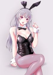 Rule 34 | 1girl, absurdres, animal ears, black bow, black bowtie, black leotard, black pantyhose, bow, bowtie, breasts, cleavage, commentary request, detached collar, fake animal ears, grey background, highres, leotard, lips, long hair, looking at viewer, macosee, medium breasts, original, pantyhose, parted lips, playboy bunny, purple eyes, rabbit ears, silver hair, simple background, sitting, solo, strapless, strapless leotard, wrist cuffs