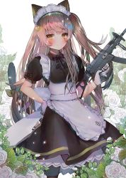 Rule 34 | 1girl, 404 logo (girls&#039; frontline), animal ears, apron, bell, black dress, black pantyhose, blush, brown hair, cat ears, closed mouth, cowboy shot, dress, fake animal ears, girls&#039; frontline, gloves, gun, h&amp;k ump, h&amp;k ump, hair between eyes, hair ornament, hanato (seonoaiko), hand on own hip, heckler &amp; koch, highres, holding, holding gun, holding weapon, jingle bell, light smile, long hair, looking at viewer, maid, one side up, pantyhose, puffy short sleeves, puffy sleeves, scar, scar across eye, scar on face, short sleeves, smile, sparkle, submachine gun, twintails, twitter username, ump45 (girls&#039; frontline), weapon, white gloves, yellow eyes