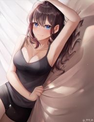 Rule 34 | 1girl, :3, absurdres, arm up, armpits, bare arms, bare shoulders, bed sheet, black shorts, blue eyes, blush, breasts, brown hair, cleavage, closed mouth, collarbone, cowboy shot, dutch angle, ffflilil, grey tank top, hair between eyes, highres, ichinose shiki, idolmaster, idolmaster cinderella girls, large breasts, long hair, looking at viewer, lying, messy hair, on side, sheet grab, shorts, smile, solo, spaghetti strap, tank top, thigh gap, twitter username