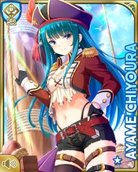 Rule 34 | 1girl, aqua hair, belt, bird, card (medium), character name, chiyoura ayame, closed mouth, collarbone, day, earrings, fingerless gloves, girlfriend (kari), gloves, hair ornament, jacket, jewelry, long hair, navel, necklace, official art, outdoors, pirate, purple eyes, qp:flapper, red jacket, rope, seagull, ship mast, shirt, shorts, smile, tagme, thighhighs