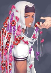 Rule 34 | 1boy, black headband, blue eyes, blunt ends, chocolate sable, dark skin, dark-skinned male, flower, hair flower, hair intakes, hair ornament, hand in another&#039;s hair, headband, jojo no kimyou na bouken, long hair, looking to the side, male focus, out of frame, parted lips, pink flower, playing, purple flower, red flower, shirt, short sleeves, solo focus, tiziano, upper body, vento aureo, white hair, white lips, white shirt