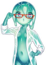 Rule 34 | 1girl, akira (meltyhip), blue eyes, breasts, female focus, glasses, groin, highres, monster girl, navel, open clothes, open mouth, open shirt, original, red-framed eyewear, simple background, slime girl, small breasts, solo, white background