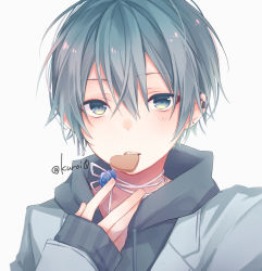 Rule 34 | 1boy, black hoodie, blue flower, blue rose, candy, chocolate, chocolate heart, commentary request, drawstring, ear piercing, earrings, flower, food, food in mouth, grey eyes, grey hair, grey jacket, hair between eyes, heart, hood, hood down, hoodie, jacket, jewelry, kuroi (liar-player), long sleeves, looking at viewer, male focus, open clothes, open jacket, original, piercing, rose, simple background, sleeves past wrists, solo, stud earrings, twitter username, upper body, white background