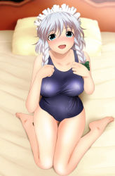 Rule 34 | 1girl, absurdres, bare arms, bare legs, bare shoulders, barefoot, bed, blue eyes, blue one-piece swimsuit, blush, braid, breasts, feet, grey hair, happy, highres, indoors, izayoi sakuya, large breasts, legs, looking at viewer, maid headdress, one-piece swimsuit, pillow, shiny clothes, sitting, sleeveless, smile, solo, swimsuit, thighs, toes, touhou, twin braids, yadokari genpachirou