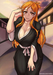 Rule 34 | 1girl, bleach, breasts, cleavage, inoue orihime, japanese clothes, kimono, large breasts, leaning forward, orange hair, outdoors, redjet, smile, standing