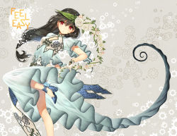 Rule 34 | 1girl, black hair, blush, braid, breasts, cleavage, cleavage cutout, clothing cutout, collar, dress, english text, flower, gloves, grey background, hair flower, hair ornament, high heels, kawaku, leaf, long hair, looking at viewer, original, plant, red eyes, rose, shoes, short sleeves, simple background, small breasts, solo, text focus, vines, wheel, wide sleeves