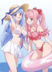Rule 34 | 2girls, alternate costume, bikini, bikini skirt, blue background, blue bow, blue hair, blush, bow, breasts, closed mouth, collarbone, commentary, feet out of frame, front-tie bikini top, front-tie top, hair bow, hand on headwear, hand up, hat, hat bow, highres, holding, holding swim ring, innertube, kotonoha akane, kotonoha aoi, large breasts, long hair, looking at viewer, low-tied sidelocks, moya (toatomoot), multiple girls, o-ring, o-ring bikini, open mouth, pink bikini, plaid, plaid bikini, ponytail, red bow, red eyes, siblings, side-by-side, sidelocks, sisters, smile, standing, stomach, straw hat, sun hat, swim ring, swimsuit, voiceroid, white bikini