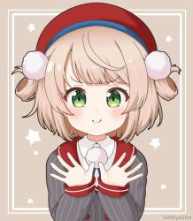 Rule 34 | 1girl, beret, brown background, brown hair, closed mouth, collared shirt, commentary request, green eyes, grey jacket, hair rings, hands up, hat, indie virtual youtuber, jacket, long sleeves, looking at viewer, mitya, puffy long sleeves, puffy sleeves, red hat, shigure ui (vtuber), shigure ui (vtuber) (1st costume), shirt, sleeves past wrists, smile, solo, star (symbol), starry background, striped clothes, striped jacket, twitter username, upper body, vertical-striped clothes, vertical-striped jacket, virtual youtuber, white shirt
