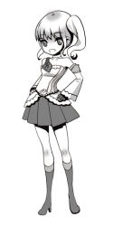 Rule 34 | 1girl, boots, briska, full body, gloves, greyscale, high heels, knee boots, lace, long hair, miniskirt, monochrome, shoes, simple background, skirt, smile, solo, standing, twintails