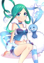 Rule 34 | 1girl, absurdres, altaria, asymmetrical legwear, bad id, bad pixiv id, blue eyes, blush, breasts, collar, collarbone, creatures (company), crop top, floating hair, game freak, gen 3 pokemon, green hair, high ponytail, highres, lisia (pokemon), long hair, looking at viewer, medium breasts, midriff, navel, nintendo, pokemon, pokemon (creature), pokemon oras, short shorts, shorts, simple background, sleeveless, smile, stomach, striped clothes, striped thighhighs, thighhighs, twintails, uneven legwear, white background, white shorts, wrist cuffs, yuihico