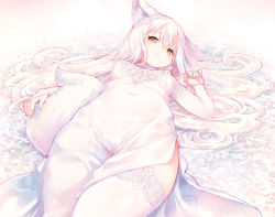 Rule 34 | 1girl, animal ear fluff, animal ears, breasts, bridal gauntlets, brown eyes, commentary request, covered erect nipples, covered navel, detached sleeves, dress, fingernails, fox ears, fox girl, fox tail, groin, hair between eyes, hand up, kito (sorahate), long hair, long sleeves, lying, medium breasts, on back, original, short eyebrows, silver hair, sleeveless, sleeveless dress, solo, tail, thick eyebrows, thighhighs, very long hair, white dress, white sleeves, white thighhighs