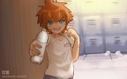 Rule 34 | 1boy, :d, artist name, bad id, bad pixiv id, bottle, collarbone, commentary, daimon masaru (danganronpa), danganronpa (series), danganronpa another episode: ultra despair girls, despair sauce (artist), holding, holding bottle, indoors, locker, locker room, looking at viewer, male focus, open mouth, orange hair, red hair, shirt, short hair, smile, solo, sparkle, spiked hair, sweat, teeth, thick eyebrows, translation request, upper body, upper teeth only, water bottle, white shirt