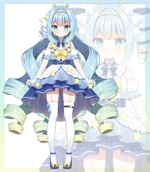 Rule 34 | 1girl, artist name, bare shoulders, blue dress, blue eyes, blue footwear, blue hair, bow, closed mouth, commentary request, dress, drill hair, garter straps, gloves, gradient hair, green hair, hair bow, hairband, jelly hoshiumi, mauve, multicolored hair, multiple views, official art, phase connect, puffy short sleeves, puffy sleeves, shoes, short sleeves, sleeveless, sleeveless dress, smile, standing, star (symbol), thighhighs, twin drills, virtual youtuber, white bow, white gloves, white sleeves, white thighhighs, yellow hairband, zoom layer