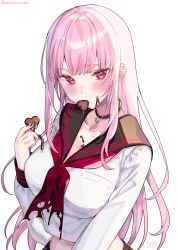 Rule 34 | 1girl, alternate costume, black nails, black skirt, breasts, candy, chocolate, chocolate heart, chocolate on body, commentary, food, food on body, heart, highres, hololive, hololive english, jewelry, kamiya maneki, large breasts, long hair, midriff, mori calliope, necklace, pink hair, red eyes, school uniform, shirt, skirt, skull, skull necklace, symbol-only commentary, upper body, valentine, virtual youtuber, white shirt