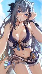 Rule 34 | 1girl, blue eyes, blue shorts, blue sky, blush, breasts, cleavage, cone hair bun, double bun, earrings, furizuu20, grey hair, hair bun, hair ribbon, highres, hololive, hololive indonesia, hololive summer 2023 swimsuit, jewelry, long hair, looking at viewer, medium breasts, midriff, navel, pov, pov hands, ribbon, shorts, sky, solo focus, sweat, thigh strap, very long hair, vestia zeta, virtual youtuber