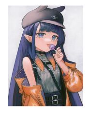 Rule 34 | 1girl, :p, absurdres, alternate costume, animal ear headwear, arm at side, bag, bare shoulders, black choker, black hair, black hat, blue eyes, blunt bangs, cabbie hat, candy, choker, commentary, coqc, fake animal ears, flat chest, food, gradient hair, grey background, grey shirt, hand up, handbag, hat, highres, holding, holding candy, holding food, holding lollipop, hololive, hololive english, jacket, leather, leather jacket, licking, lollipop, long hair, long sleeves, looking at viewer, mole, mole under eye, multicolored hair, ninomae ina&#039;nis, off shoulder, open clothes, open jacket, orange hair, orange jacket, pointy ears, shirt, sidelocks, simple background, sleeveless, sleeveless shirt, solo, straight hair, tentacle hair, tongue, tongue out, upper body, very long hair, virtual youtuber