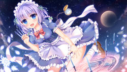 Rule 34 | 1girl, :d, absurdres, apron, between fingers, blue dress, blue eyes, blush, bobby socks, bow, braid, breasts, brown footwear, cloud, collared shirt, commentary request, dress, dress shirt, fingernails, frilled apron, frills, full moon, hair between eyes, highres, holding, holding knife, izayoi sakuya, knife, maid, maid headdress, medium breasts, moon, night, night sky, open mouth, outdoors, petals, pocket watch, puffy short sleeves, puffy sleeves, purple hair, red bow, shirt, shoes, short sleeves, side braids, sky, smile, snowflakes, socks, solo, standing, standing on one leg, star (sky), starry sky, touhou, twin braids, umitonakai, waist apron, watch, white apron, white shirt, white socks