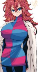 Rule 34 | 1girl, absurdres, android 21, blue eyes, breasts, brown hair, checkered clothes, checkered dress, closed mouth, coat, cowboy shot, detached sleeves, dragon ball, dragon ball fighterz, dress, earrings, hair between eyes, highres, hoop earrings, jewelry, kinakomochi (user vedc2333), lab coat, large breasts, long hair, looking at viewer, open clothes, open coat, pantyhose, red ribbon army, simple background, smile, solo, watermark, white background, white coat