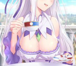 Rule 34 | 1girl, :d, balcony, bare shoulders, blush, breasts, cleavage, cleavage cutout, clothing cutout, cup, day, detached sleeves, dress, emilia (re:zero), grey hair, head out of frame, highres, holding, holding cup, holding saucer, kanden sky, large breasts, long hair, long sleeves, open mouth, outdoors, re:zero kara hajimeru isekai seikatsu, saucer, smile, solo, table, teacup, upper body, very long hair, white dress