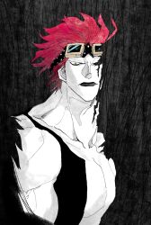 Rule 34 | 1boy, artist request, coat, eustass kid, fur coat, goggles, goggles on head, grin, highres, looking at viewer, monochrome, one piece, red hair, scar, scar on face, serious, simple background, smile, solo, traditional media, upper body