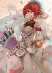 Rule 34 | 1girl, bare shoulders, blue eyes, bouquet, bridal veil, brown eyes, cherry blossoms, cleavage, closed mouth, commentary request, detached sleeves, dress, elbow gloves, facing viewer, falling petals, fate/apocrypha, fate/grand order, fate (series), flower, frankenstein&#039;s monster (fate), gloves, hair ornament, headgear, heterochromia, highres, holding, holding bouquet, horns, looking at viewer, orange hair, outstretched hand, peperon (peperou), petals, see-through, see-through cleavage, short hair, single horn, smile, solo, standing, veil, wedding dress, white dress, white gloves