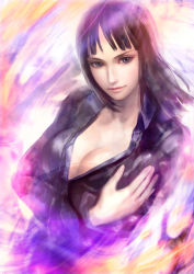 Rule 34 | 1girl, black hair, blue eyes, blunt bangs, breasts, cleavage, closed mouth, collared dress, crossed arms, dress, jacket, kageco, leather, leather jacket, light smile, lips, long sleeves, looking at viewer, medium breasts, medium hair, nico robin, one piece, solo, upper body
