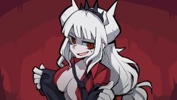 Rule 34 | :d, absurdres, black necktie, breasts, commentary, demon girl, demon horns, english commentary, helltaker, highres, horns, long hair, looking at viewer, lucifer (helltaker), mole, mole under eye, necktie, open mouth, red eyes, simple background, smile, sollyz, solo
