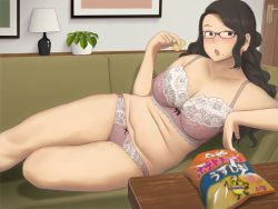 Rule 34 | 1girl, :o, bare shoulders, belly, black-framed eyewear, black hair, bra, breasts, brown eyes, chips (food), commentary request, couch, door, food, glasses, highres, lamp, large breasts, long hair, looking at viewer, lying, mole, mole on breast, mole on thigh, navel, on side, open mouth, original, panties, plant, plump, potato chips, purple bra, purple panties, raised eyebrows, ryokucha michi, skindentation, solo, table, thighs, underwear, underwear only
