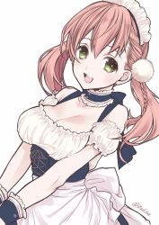 Rule 34 | 1girl, :d, absurdres, apron, artist name, atelier (series), atelier escha &amp; logy, back bow, blue choker, bow, braid, breasts, choker, cleavage, dress, escha malier, frilled choker, frilled dress, frilled sleeves, frills, green eyes, hair between eyes, highres, lace, large bow, large breasts, open mouth, own hands together, pink hair, pom pom (clothes), short sleeves, simple background, single braid, smile, solo, twitter username, v arms, waist apron, white apron, white background, white dress, yuuki mitsuru