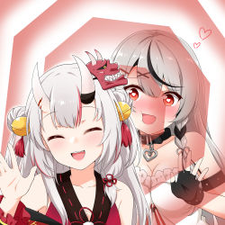 Rule 34 | 2girls, at field, bell, black collar, black hair, braid, breasts, camisole, cheek press, cleavage, collar, double bun, fang, felutiahime, fingerless gloves, gloves, grey hair, hair bell, hair bun, hair ornament, highres, hololive, horns, japanese clothes, jingle bell, large breasts, long hair, multicolored hair, multiple girls, nakiri ayame, nakiri ayame (1st costume), open mouth, red hair, sakamata chloe, side braid, skin-covered horns, small breasts, smile, streaked hair, two-tone hair, virtual youtuber, waving