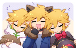 Rule 34 | 3boys, :d, alternate costume, animal ears, black gloves, blonde hair, blue jacket, border, bow, bowtie, closed eyes, drooling, enni, fangs, fingerless gloves, fur-trimmed jacket, fur trim, gloves, hat, holding, holding clothes, holding hat, jacket, link, multiple boys, multiple persona, nintendo, open clothes, open jacket, open mouth, pointy ears, polka dot, polka dot background, red bow, red bowtie, short hair, sleeping, smile, tail, teeth, the legend of zelda, the legend of zelda: four swords, toon link, unworn hat, unworn headwear, upper teeth only, white border, wolf ears, wolf tail, yawning
