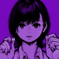 Rule 34 | 1girl, absurdres, black eyes, black hair, collared shirt, earbuds, earphones, hands up, highres, holding, holding earphones, looking at viewer, miyoshi yoshimi, monochrome, original, parted lips, purple background, purple theme, shirt, short hair, simple background, solo